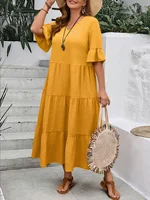 2024 Spring and Summer Amazon Europe and America New V-neck Splicing Multi color Multi size Long Swing Dress Plus Size