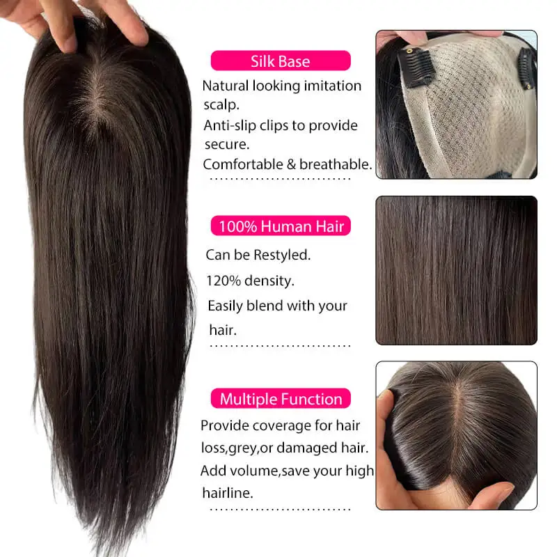 Steil Haar Toppers Voor Vrouwen Huid Zijde Basis Menselijk Haar Topper Met 3 Clips Haarspelden Remy Virgin Menselijk Haar Stukken 8-20Inch