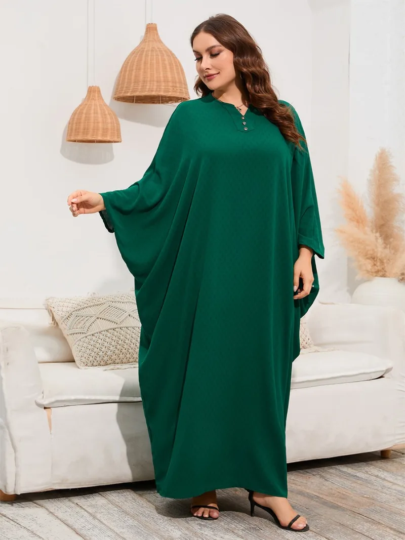 

Loose Comfortable Plus Size Dress Women Elegant Batwing Sleeves Middle Eastern Dubai Turkey Arab Robe Blackish Green