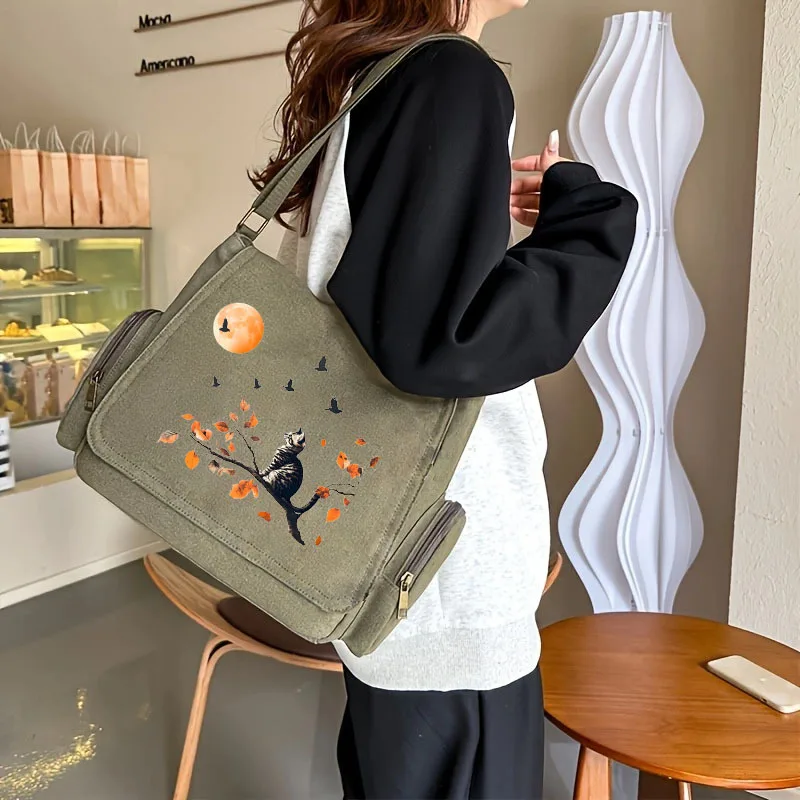 Vintage Canvas Shoulder Bag Large Capacity Artistic Print Women's Tote Crossbody Bag Shopping Commuting Bag