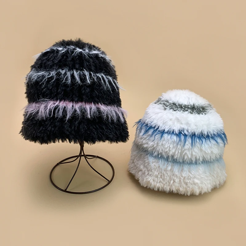 

New Fluffy Stripe Plush Bucket Knitted Hats Men Women Autumn and Winter FColor Block Korean Dopamine Soft ashion Versatile Warm