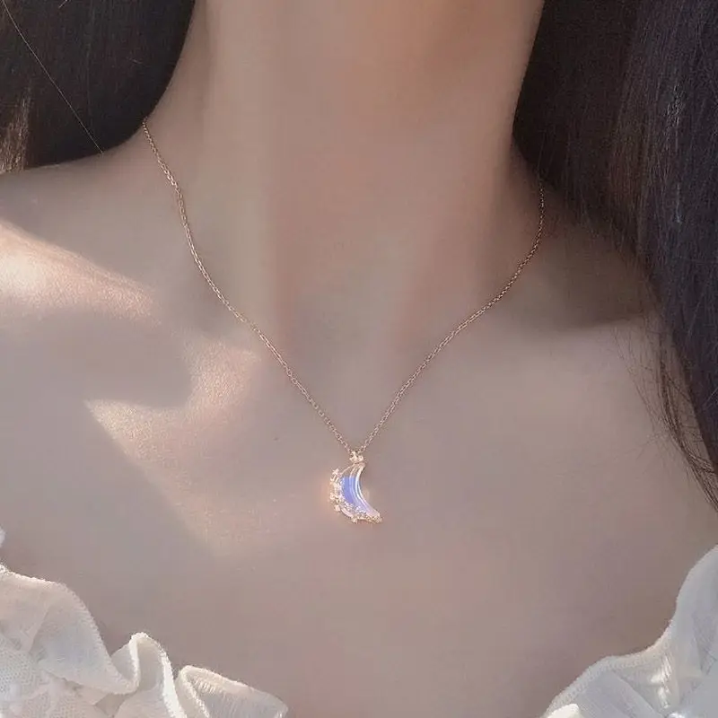 

New Discoloration Moon Stainless Steel Chain Necklace Korea Colorful Glazed Stone Pendant Necklaces for Women Fashion Jewelry