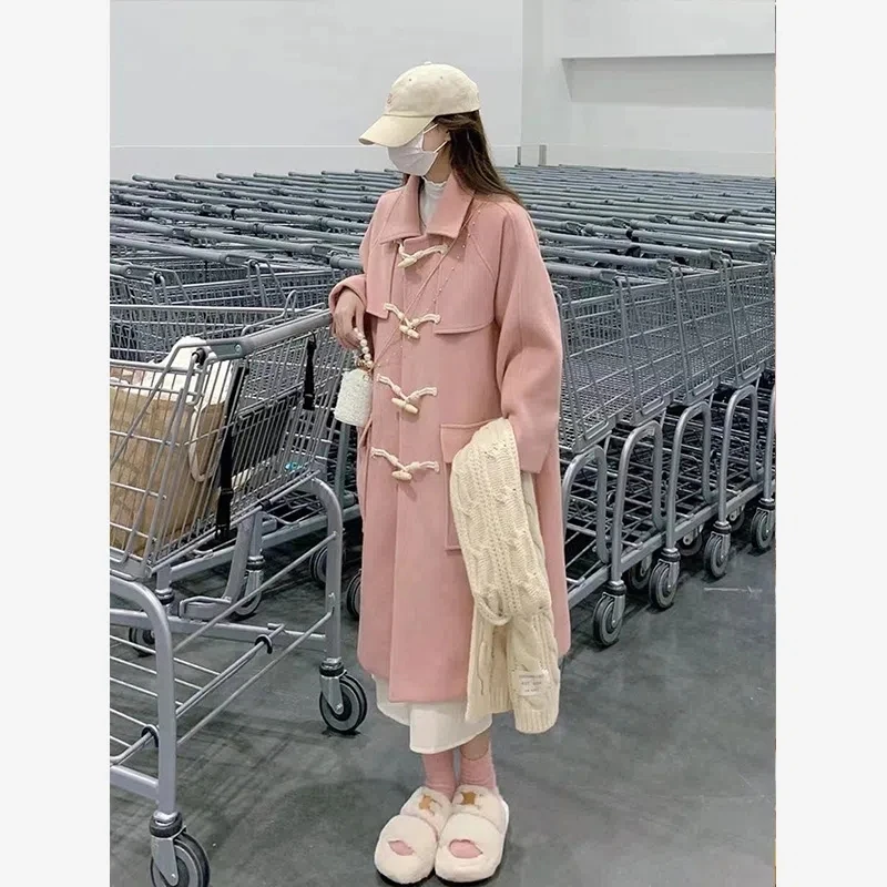 Pink Horn Button Tweed Jacket Women Winter New Japanese Loose Thickened Mid Length Wool Coat Female Casual Sweet Versatile Coat