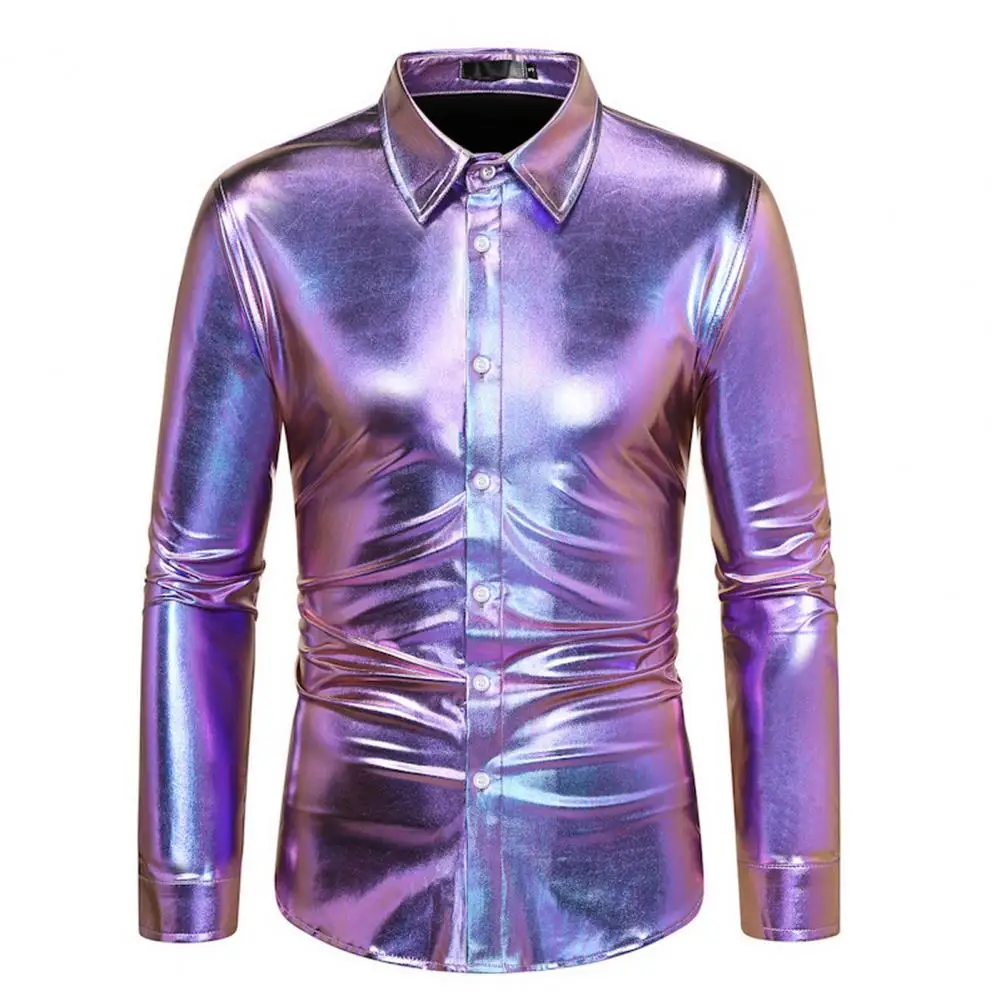 Lapel Long Sleeve Shirt Sequin Disco Shirt for Men Shiny Golden Long Sleeve Party Costume with Lapel Button Down for Christmas dress shirts men casual shirts