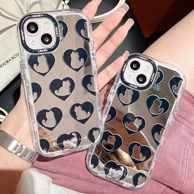 Cat Love Heart Silver Mirror iPhone Case