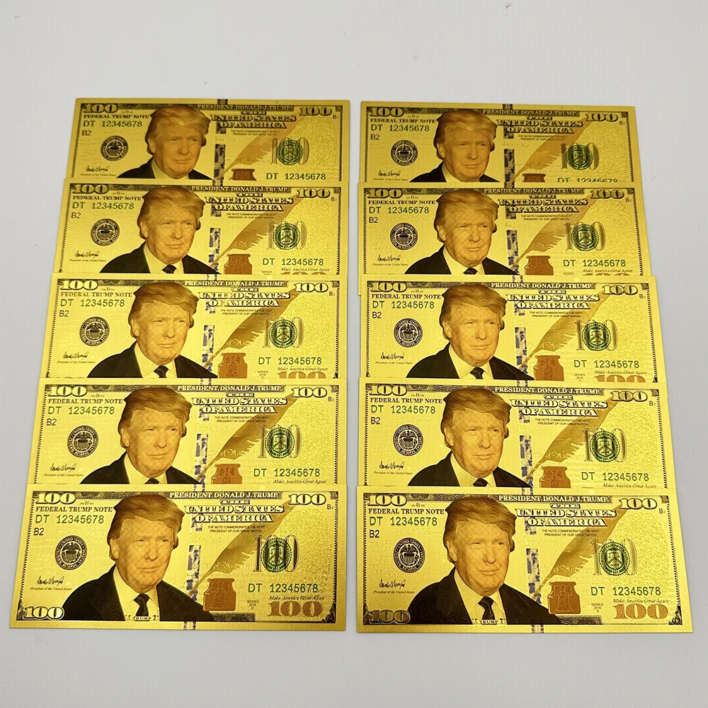 Gold plated banknote,commemorative banknotes Golden Trump US President Dollars 100 Bills 10PCS Gold Plated Card In God We Trust Commemorative Banknotes