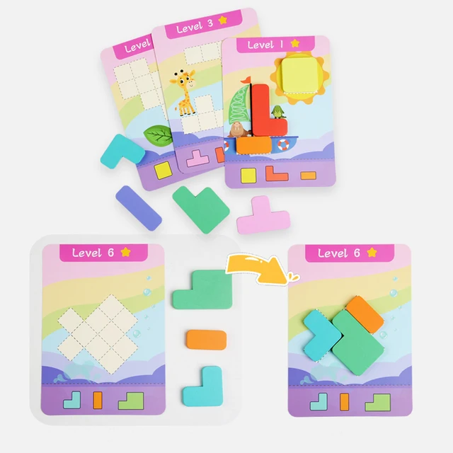 Wooden Educational Puzzle Toy, Wooden 7 Colored Building Blocks & 9 Double-sided Challenge Cards, Exercise Thinking Ability Game 3