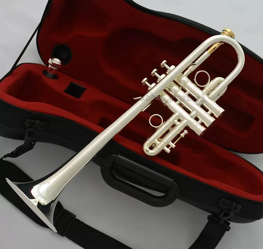 Professional Eb/D Trumpet Silver Horn Monel Valve + Gold Plated Mouth with Case