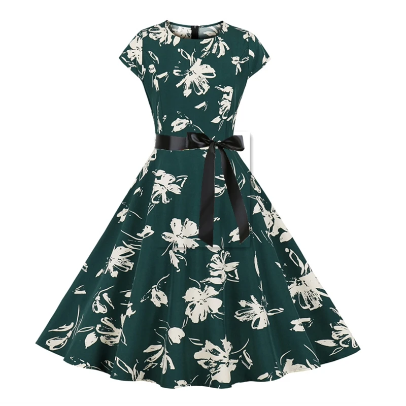 

2023 Summer Beach Holiday Crew Neck Short Sleeve Knee Length Casual Party Dress Retro Flower Print Dress