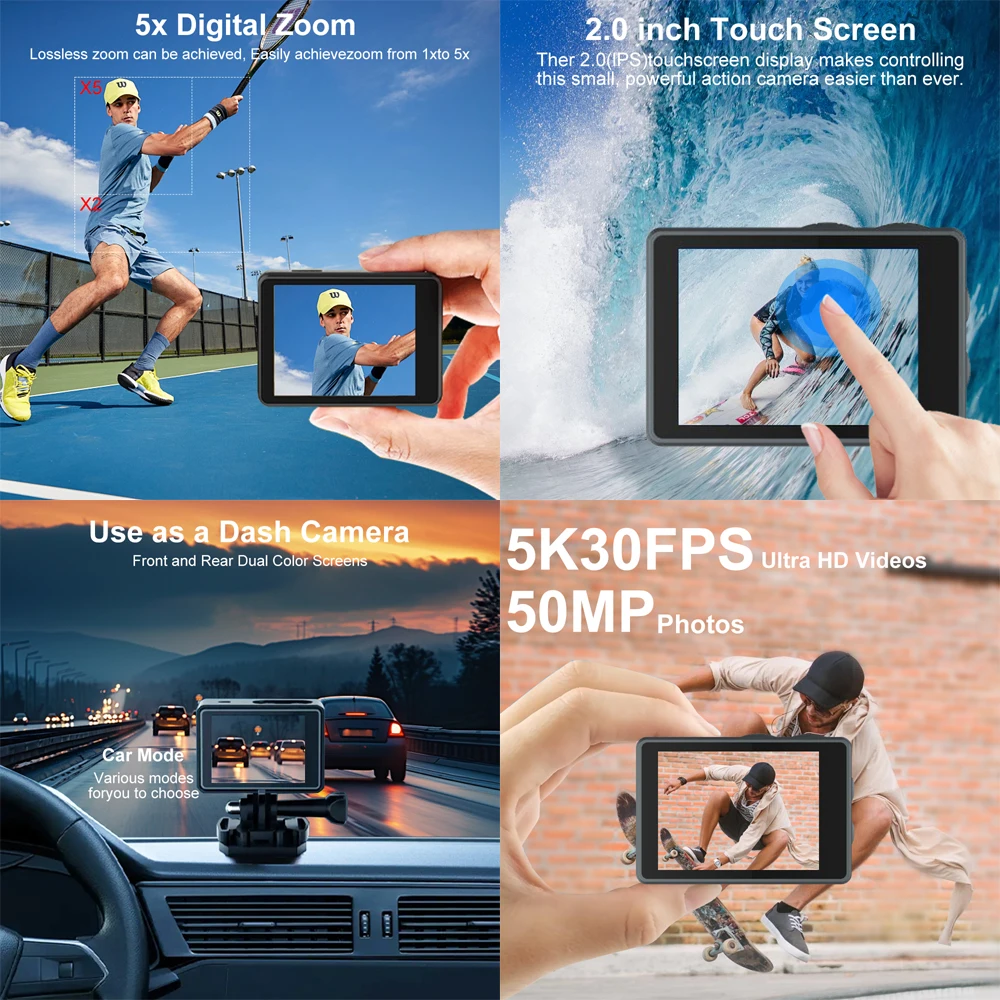 5K 4K60FPS Action Camera Dual IPS Touch LCD EIS 170° DVR Action Cam 30M Waterproof 5X Zoom Sport Camera With Remote Control 4
