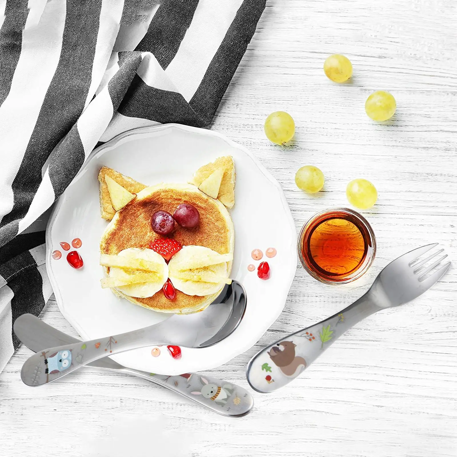 Cutlery Set Stainless Steel Cutlery Set Baby Feeding Spoons Stainless Steel Kids Cutlery Cartoon Pattern Carving Child Tableware Cute Spoon Fork Set Baby Flatware Feeding Safe Eco Friendly