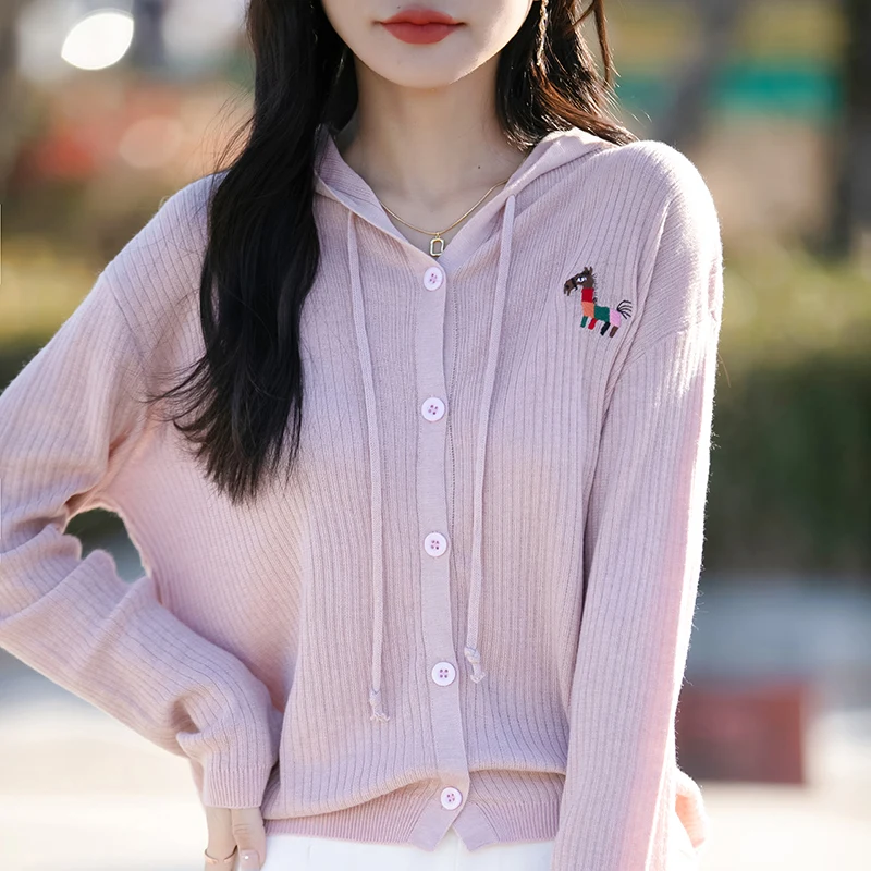 2025 Spring and Autumn Cashmere Sweater Cardigan Women's Hooded Cardigan Wool Knitted Cardigan Women's Cardigan Coat 2