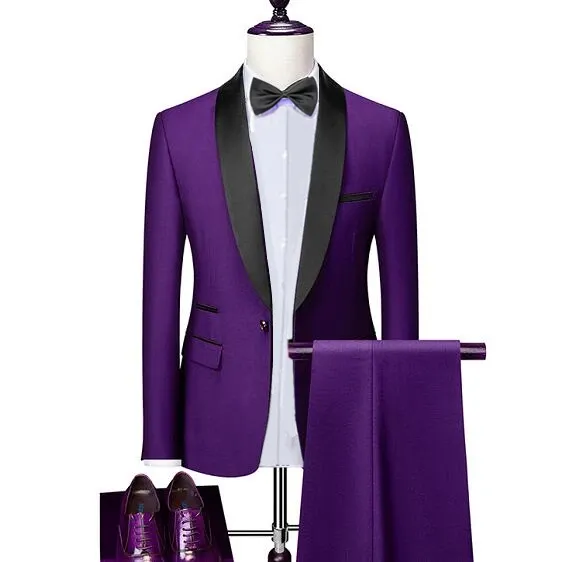 Men Skinny 3 Pieces Set Formal Slim Fit Tuxedo Prom Suit / Male Groom Wedding Blazers High Quality Dress Jacket Coat Pants Vest - 2 Pcs Set Purple, Asian 5XL is US 2XL