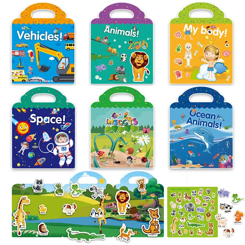 

Reusable Sticker Book Cartoon DIY Puzzle Educational Cognition Learning Toys Cute Animal Stickers for Children Age 2-4 Gift