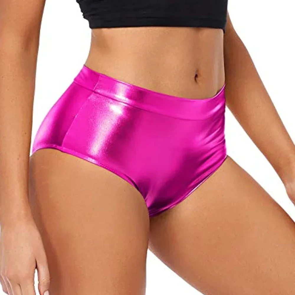 Women Solid Color Shinny Metallic Briefs Cheer Shorts Rave Pole Dance Bottoms Clubwear Shinny Panties Music Festival Underwear