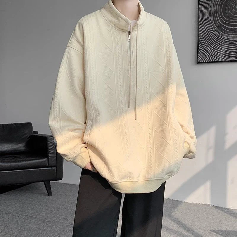 Spring Autumn Vintage Half Zip Long Sleeve Men Drawstring Sweatshirts Fashion Harajuku Oversized T Shirts Pullovers Black Beige