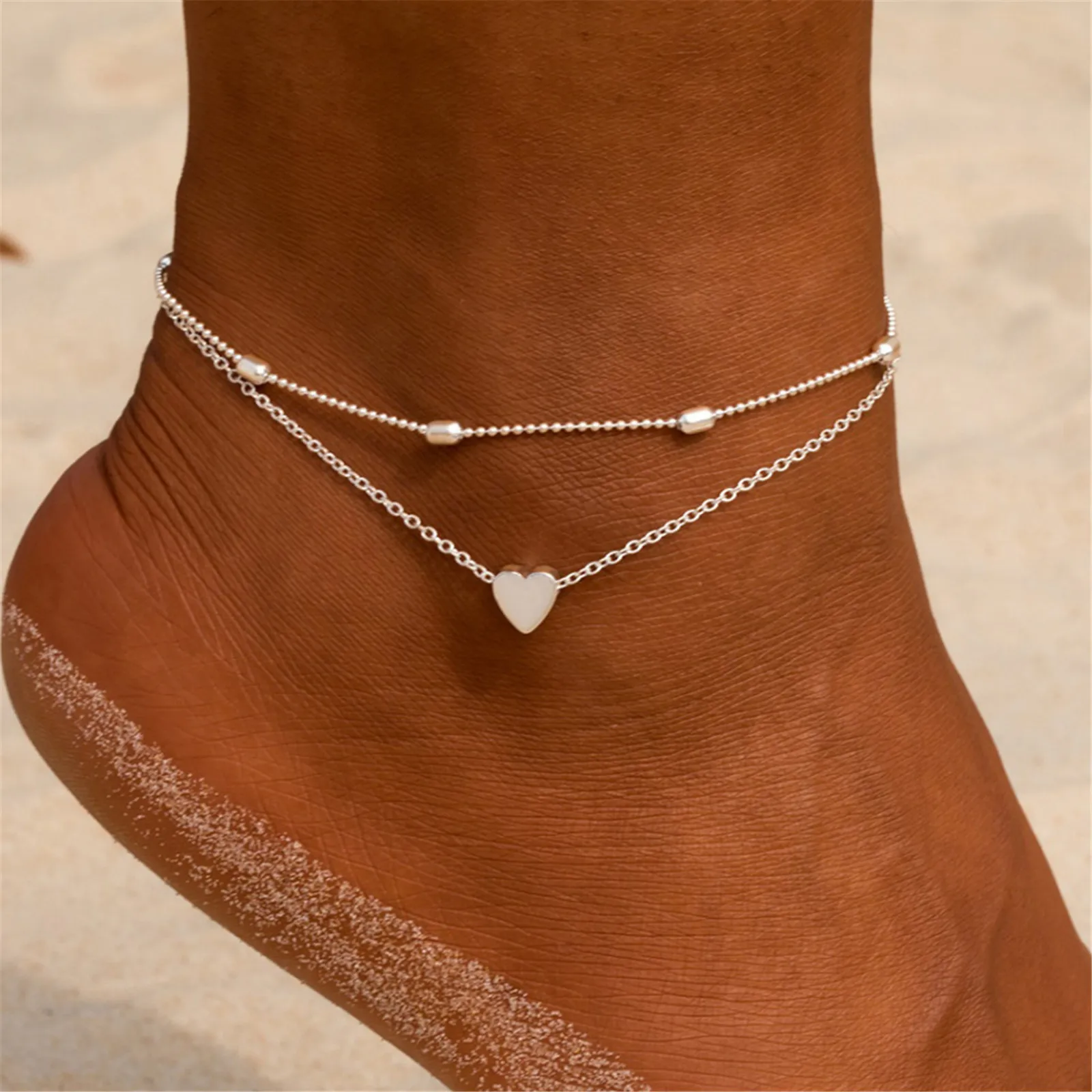 Silver Anklet Bracelet Ankle Chains Beads Anklet Women's Anklet Bohemian Layered Heart Anklet Summer Fashion Beach Anklets On Foot Ankle Bracelets For Women Leg Chain