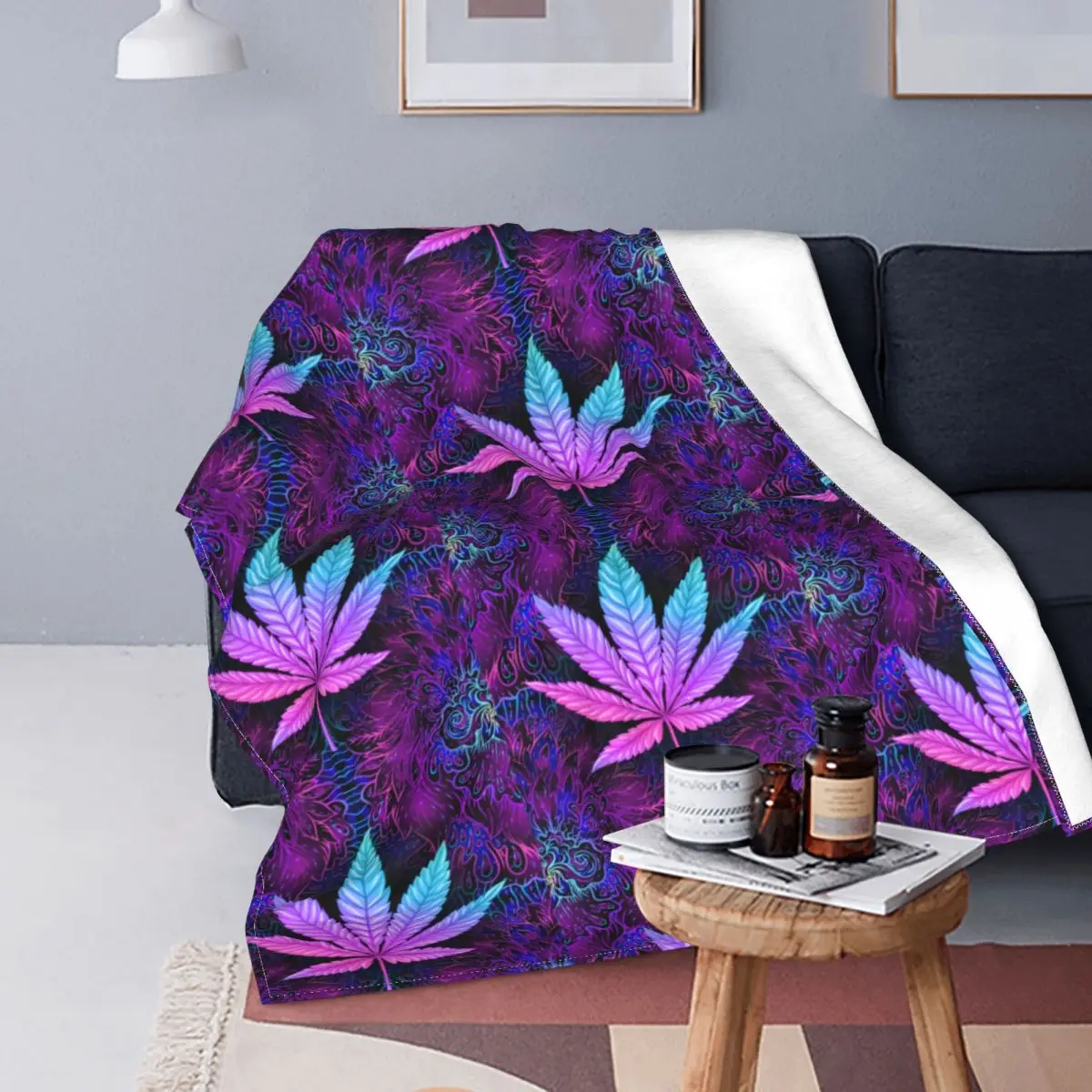 Neon Cannabis Leaves Wool Blankets Marijuana Weed Leaf Customized Throw