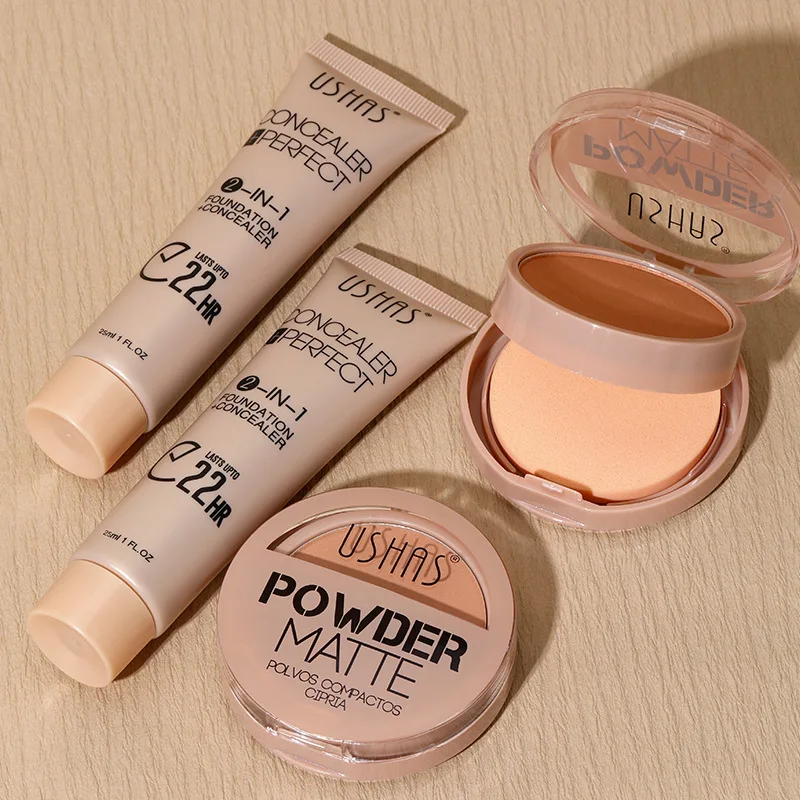 USHAS Powder Matte and Liquid Foundation Makeup Set Waterproof Long-lasting Skin Brightening Formula for Flawless All-Day Wear