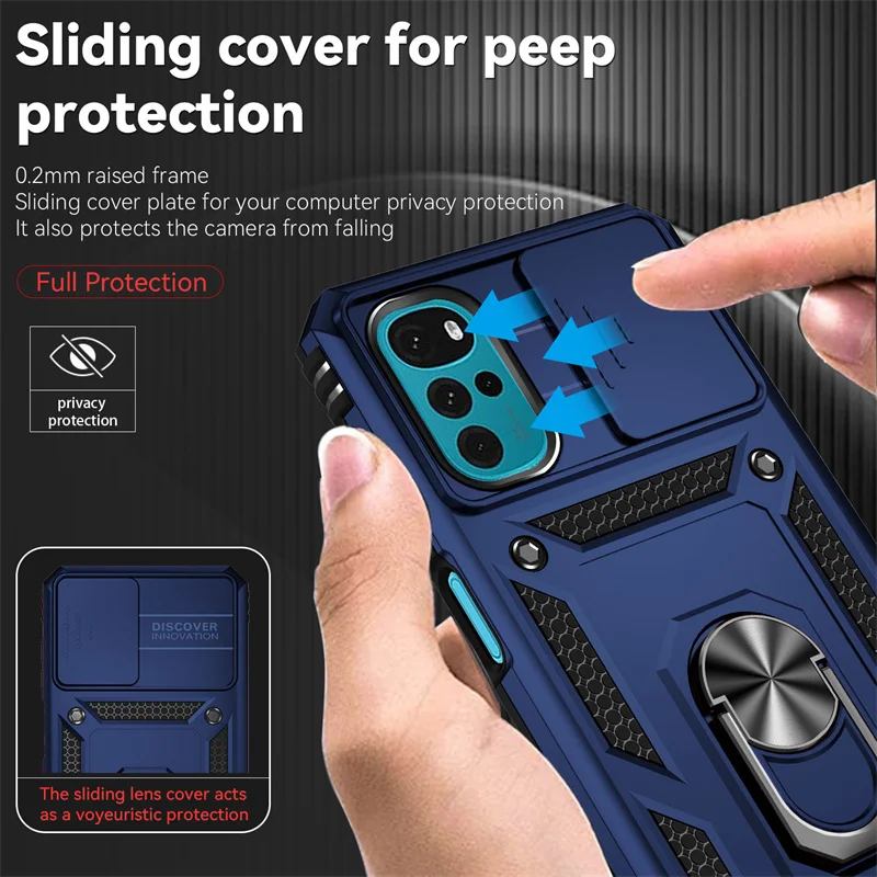 Motorola Moto G22 Protective Armor Case with Slide Lens Cover, Magnetic Holder, and Ring Stand
