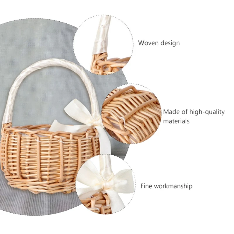 2 Pcs Rattan Woven Flower Basket Hand-Held Basket Wedding Party Decorative Basket Kitchen Storage Container