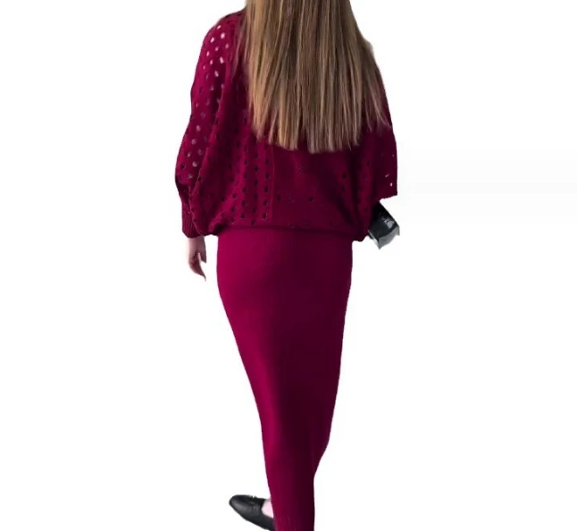 Women's Fashion Hollow Out Round Neck Top & Casual Knitted Skirt Set Temperament Commuting Female Casual Skirts Sets Outfits