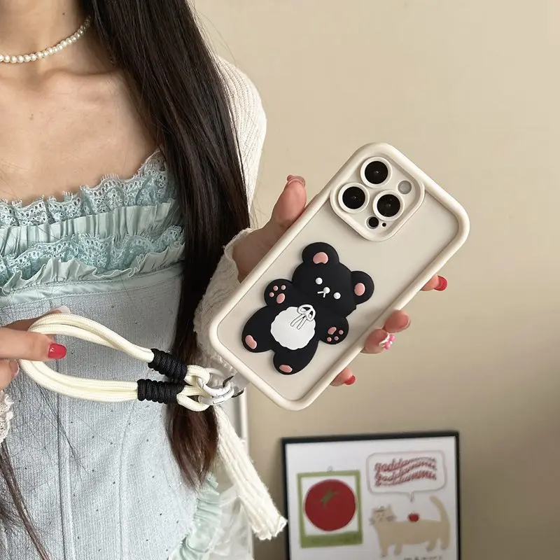 Adorable Bear Lanyard Phone Case with Soft Rope Cover