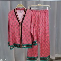 Milk Silk Pajamas Women's High-Quality Light Luxury Stripes Pink Long-Sleeve Two-Piece Suit Cardigan Set Fashion Home Clothing