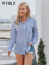 

WYBLZ 2022 Spring Women's Shirts Fashion Casual Single Breasted Blouse Female Retro Stripes Long Sleeve Loose Dark Blue Shirt