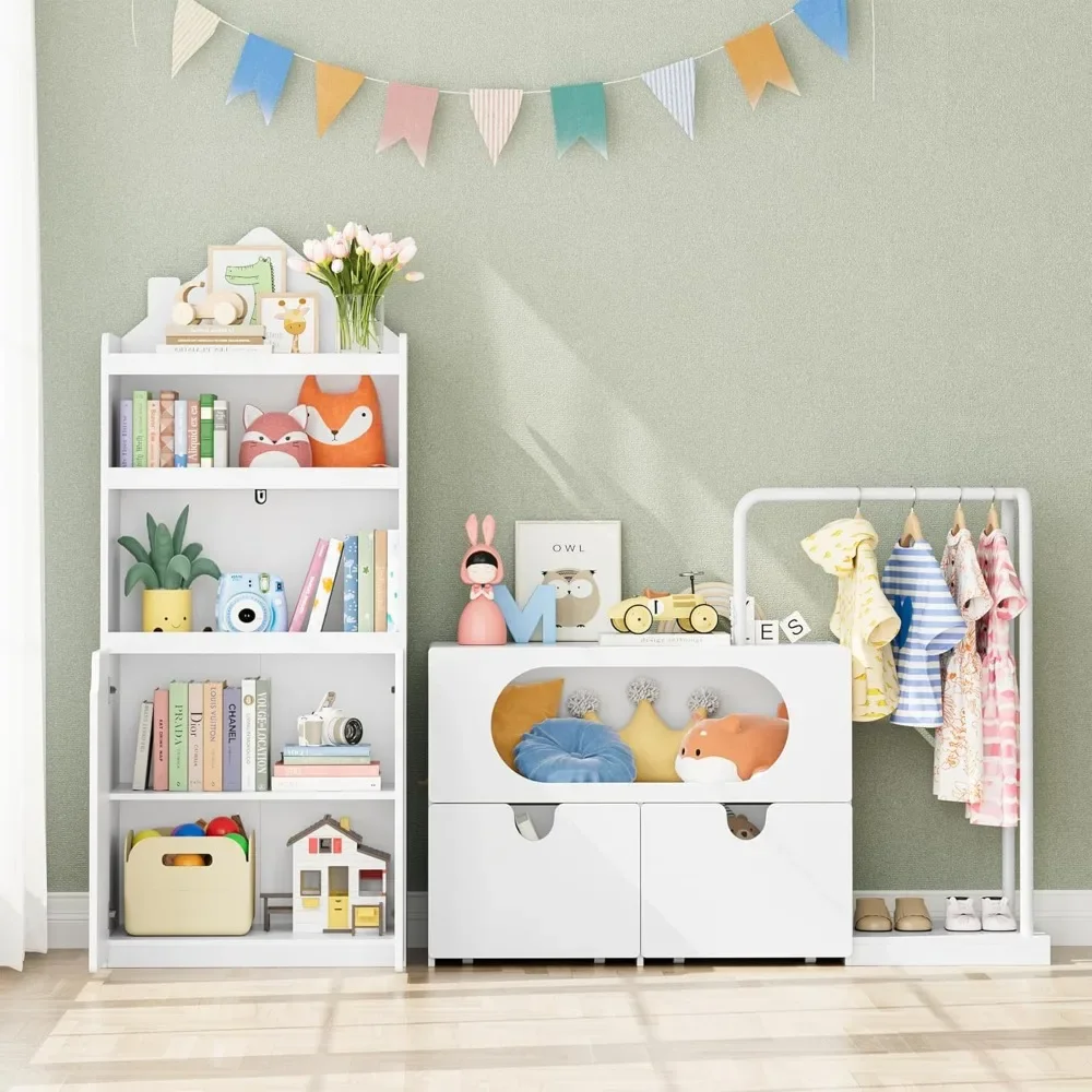 Toy Storage Organizer with Clothes Rail, Combination Type Kids Bookshelf and Bookcase  Box with Wheels, Toddler Bookshelf 3