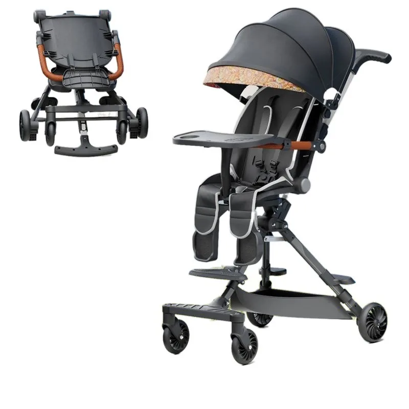 Handcart, portable baby stroller, foldable, sitting and lying, two-way four-wheeled, high-level landscape baby sliding artifact