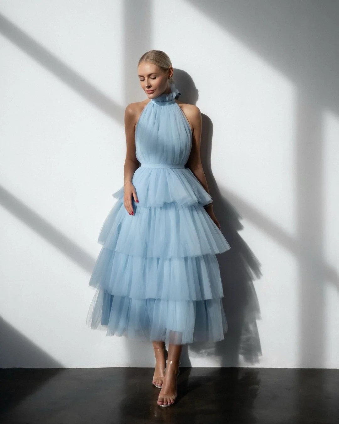 

Sevintage Elegant Ruffled Tulle Prom Dresses Halter Sleeveless Saudi Arabric A Line Pleated Evening Dress Short Party Gown