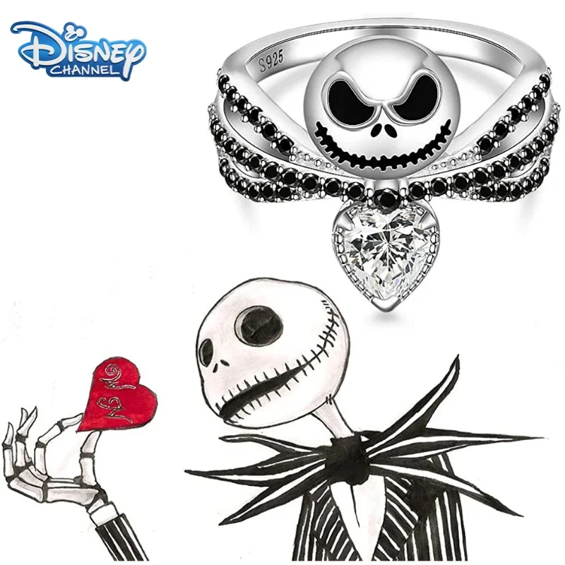 The Nightmare Before Christmas Black Enamel Crystal Charm Rings Disney Jack Skull Ring Kawaii Halloween Jewelry Cosplay Gifts