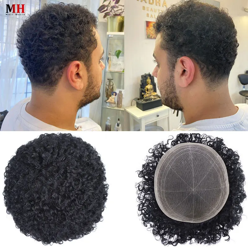 

Lace PU Kinky Curly Men's Toupee Thin Skin Poly Human Hair Male Prosthesis Wig Replacement System Natural Black 8x10