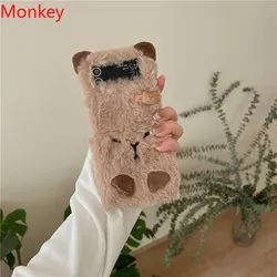 Korean Cute 3D Furry Capybara Phone Case - Winter Fluffy Shockproof Cover - Z Flip 3 (Dark Khaki)
