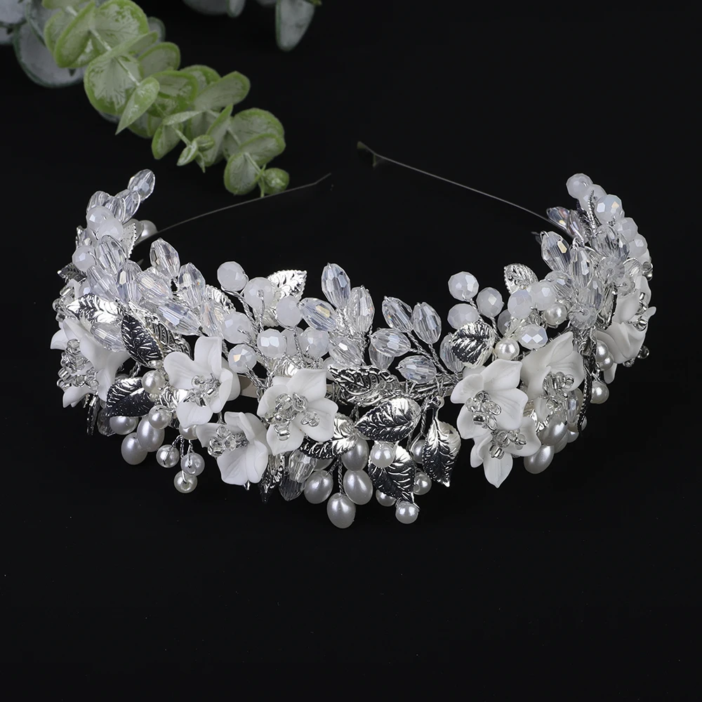 Bridal Hair Accessories Flower Leaf Diamonds Bridal Crown Pearl Crystal Wedding Headband for Women