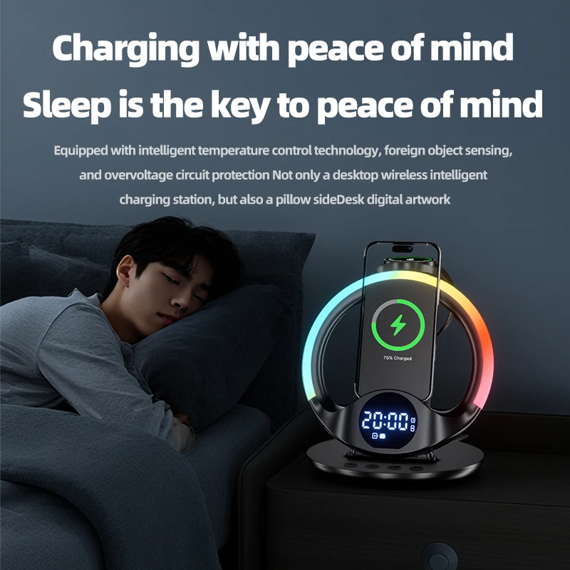 6 in 1 Wireless Charger Stand RGB Light & Alarm Clock for iPhone 17~12 Samsung Apple & Galaxy Watch Airpods 4/3 Pro Buds3/3 Pro