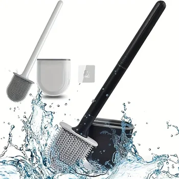 Set di portaspazzole per WC in silicone, spazzole per pulizia, testa piatta, flessibile, montato a parete, nero, per WC, bagno 1