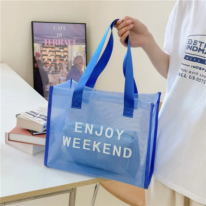 

Сумка на плечо для женщин, Новинка лета 2023, прозрачная Повседневная лаконичная однотонная вместительная Сетчатая Сумка из ПВХ с надписью, Корейская версия