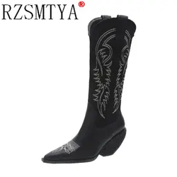 2020  Women High Heels Wedges Long Riding Boots Winter Knee High Boots Designer Beige Heels Western Cowboy Boots A162