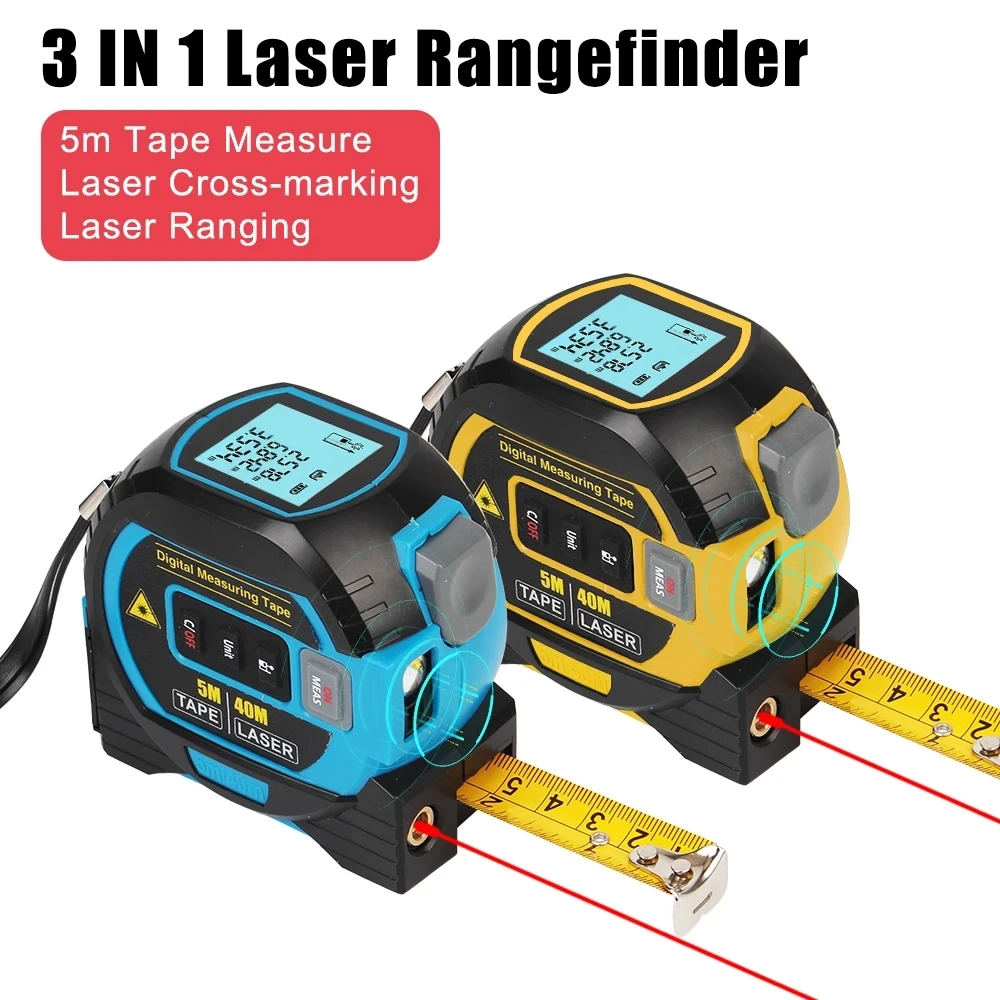 

3 In 1 Laser Rangefinder With 5m Tape Measure Ruler LCD Display with Backlight Laser Distance Meter Building Measurement Device