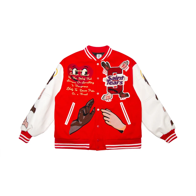 thumbnail image 1 of Nueva chaqueta de béisbol con parche bordado rojo de la estrella de San Miguel Ball, abrigo de moda informal de marca de moda de calle alta estadounidense, 1 of 5