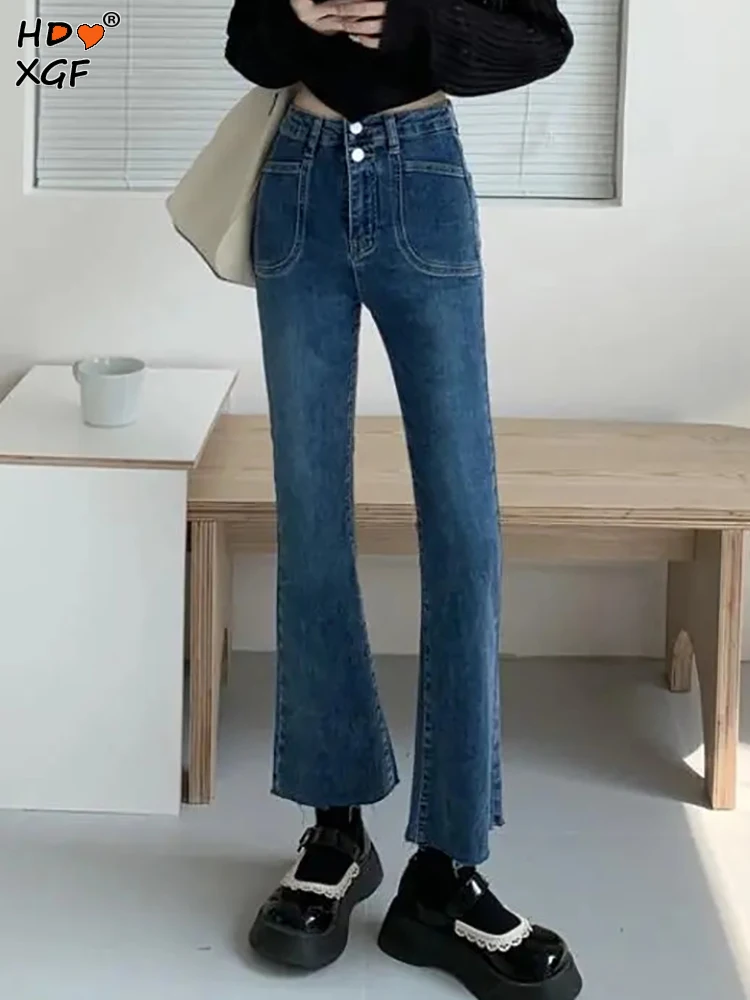 

Korean Fashion Double Buckle Pocket Elastic Flared Jeans Vintage High Waist Slim Straight Trousers Elegant All-match Denim Jeans