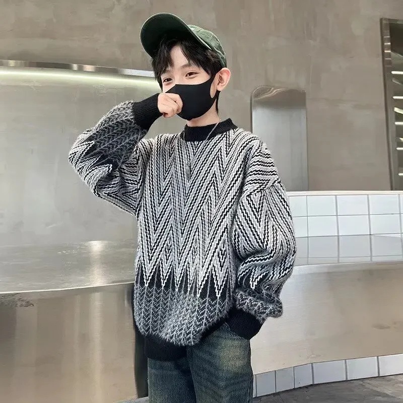 남아용 캐주얼 크루넥 스웨터 아동복, 트렌디 풀오버, 베이스레이어 상의, 중간 및 큰 어린이, 가을 및 겨울