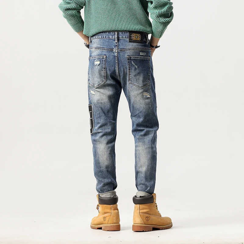 High quality jeans men's trendy elastic slim fit embroidered patch leggings  men ripped jeans men clothing  jeans for men