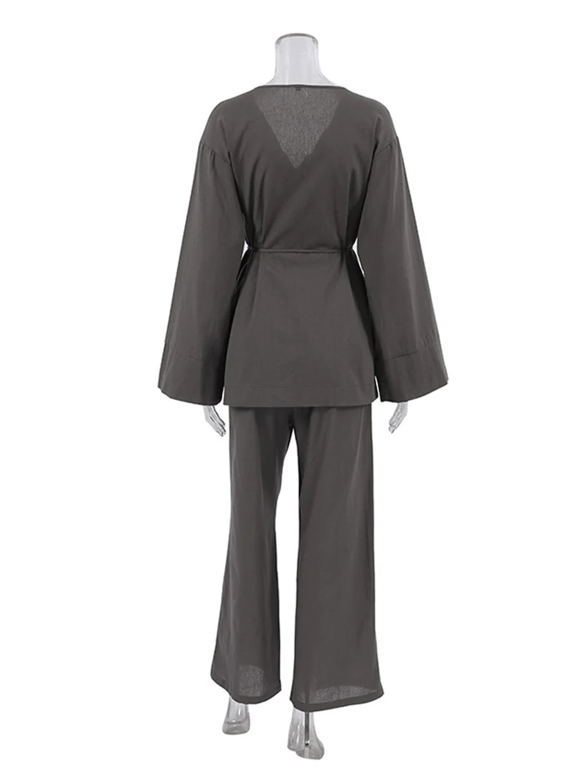 Marthaqiqi Loose Female Nightgowns Set Long Sleeve Nightwear Sexy V-Neck Sleepwear Lace Up Nightie Pants Women'S Pajamas Suits