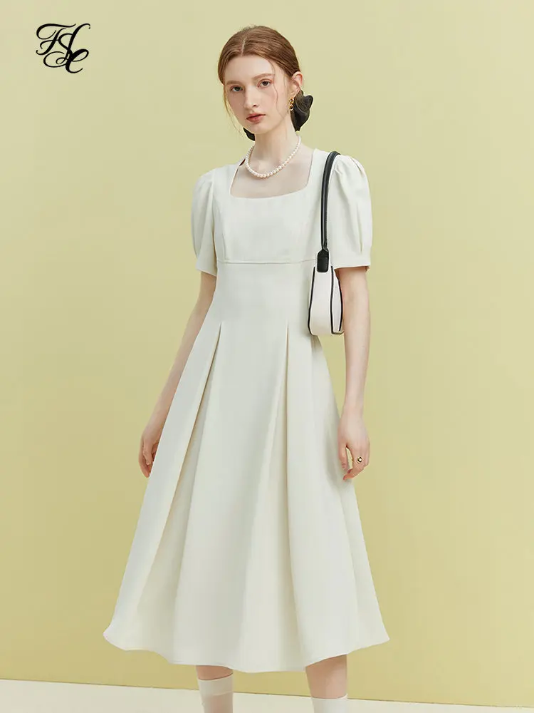 FSLE-심플한 레트로 스퀘어 칼라 단색 드레스 여성용, 헵번 스타일 통근 하이 웨이스트 오피스 레이디 a-라인 드레스 