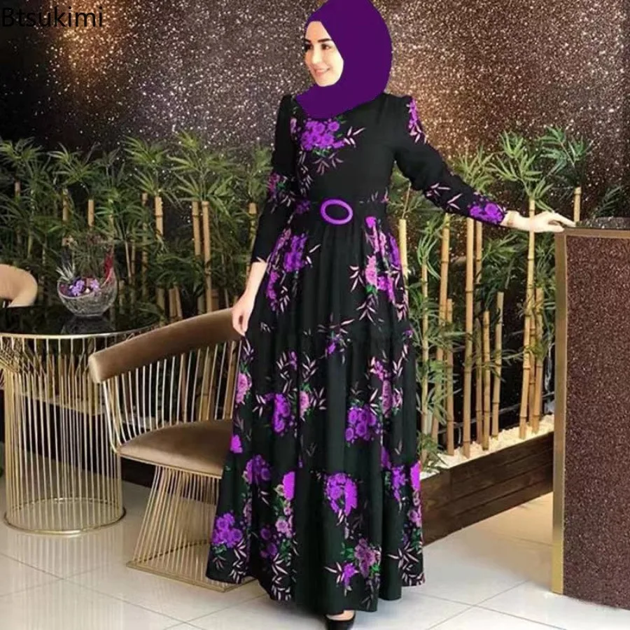 Muslim Vintage Print Dress for Women Elegant Abaya Ethnic Style Temperament Maxi Dress Turkish Kaftan Robe Belt Vestidos Femme