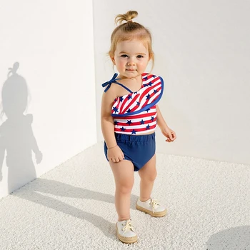 Girls Patriotic Star and Stripe Print Ruffled Tankini Set with Solid Shorts for 4th of July Celebrations - 2-Piece Swimwear 3