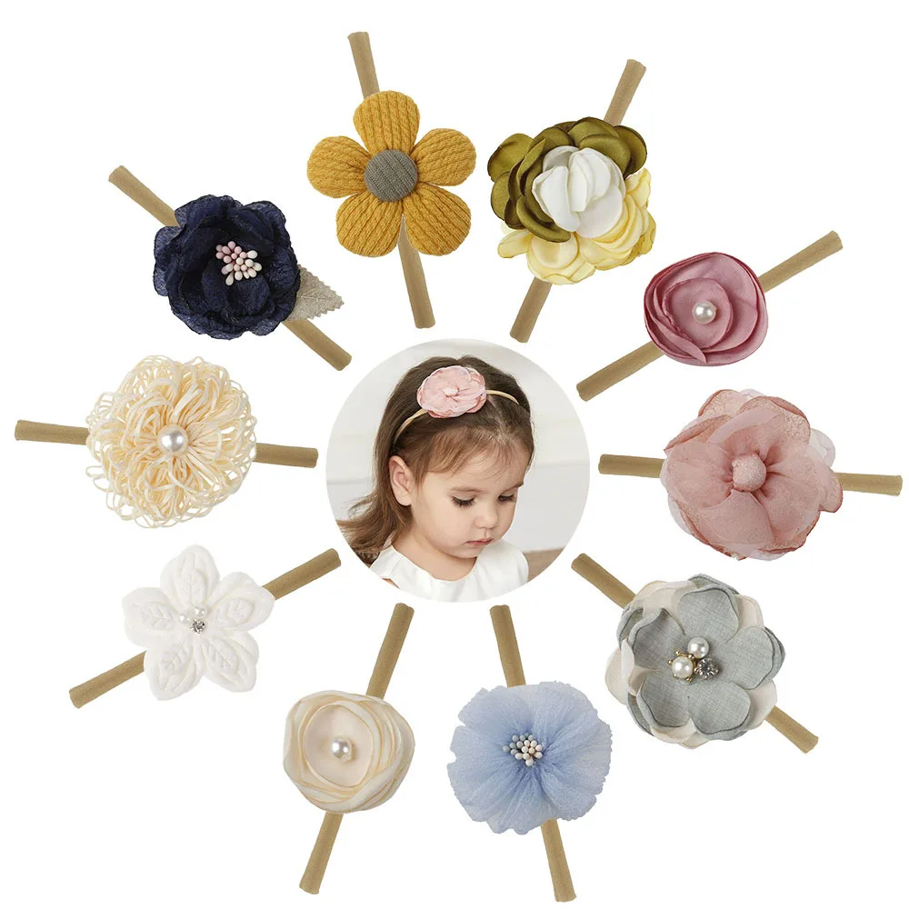 Baby Headband Flower Kids Thin Nylon Hairbands Pearl Headbands For Girls Elastic Hair Accessories Newborn Photo Props Bandage